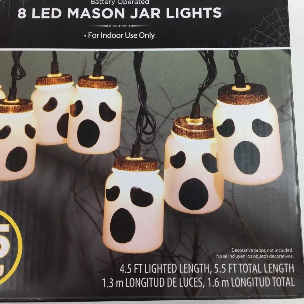 Halloween 8 LED Ghost Mason Jar Lights Indoor Use Decoration Spooky Cute Design